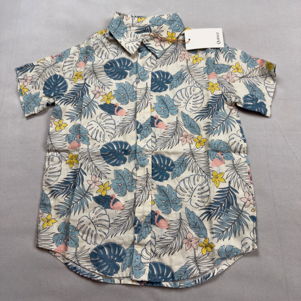 Quince Kids 100% Linen Printed Short Sleeve Shirt Multi Palm Flamingo Size‎ 10